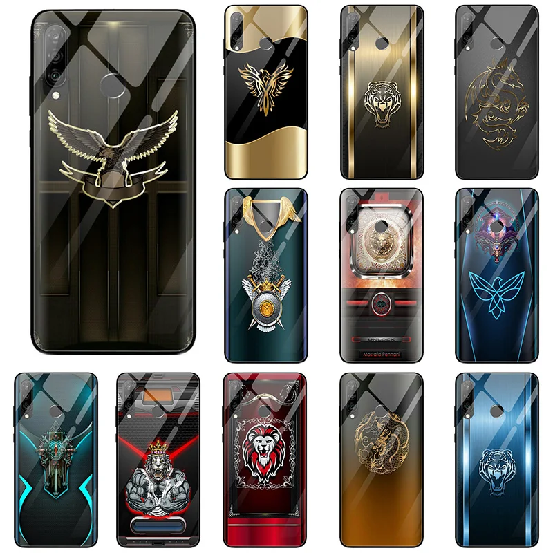 For Huawei Y6 Y9 Honor 6X 8 8A 9 10 P20 P30 Mate 20 Lite Pro Cute Tempered Glass Mobile Phone Cases Eagle Tiger Lion Metal Logo | Мобильные