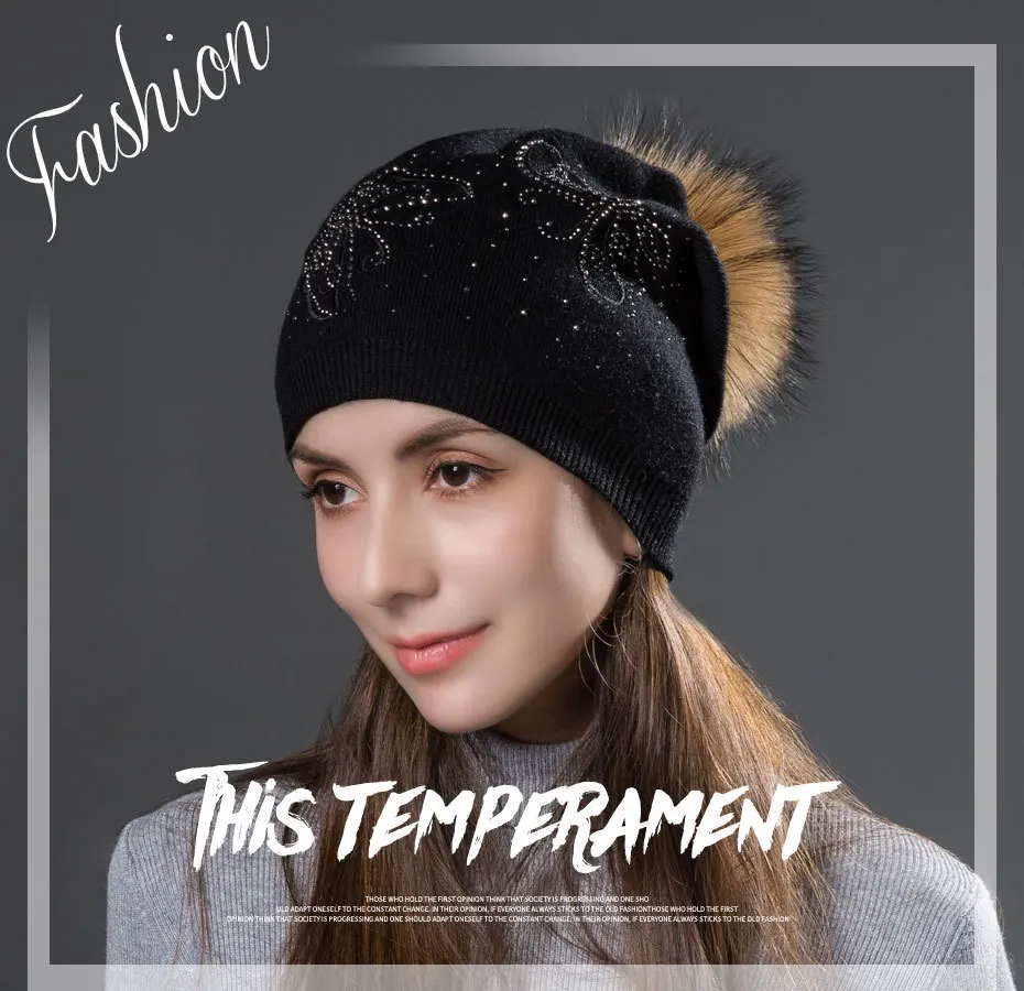 Wuaumx осенне-зимняя женская шапка Skullies Beanies, шерстяная вязаная шапка, натуральный мех енота, лисы, помпон, стразы, шапка для женщин