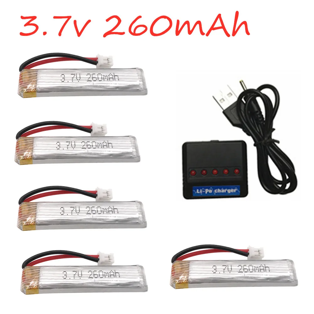 

5PCS Lipo Battery 3.7V 260mAh 45C/90C PH2.0 Plug With Charger for Eachine US65 UK65 QX65 for UR65 Mobula7 Drone RC Quadcopter