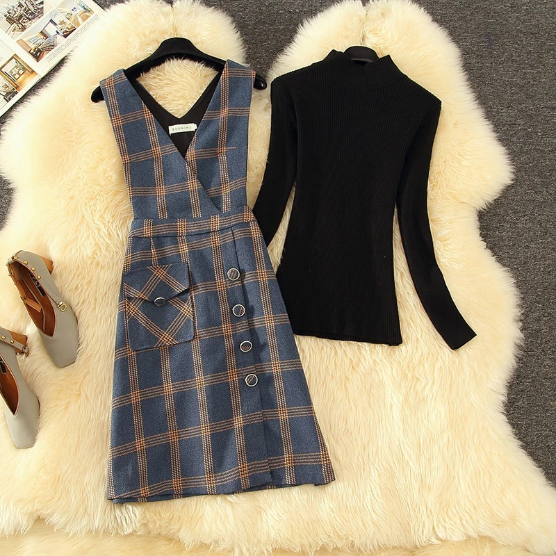 

Autumn Winter Women Vintage Party Retro Woolend Plaid Vest Button Down Dress Female Slim Casual Sweater Sets Two Piece Sets New