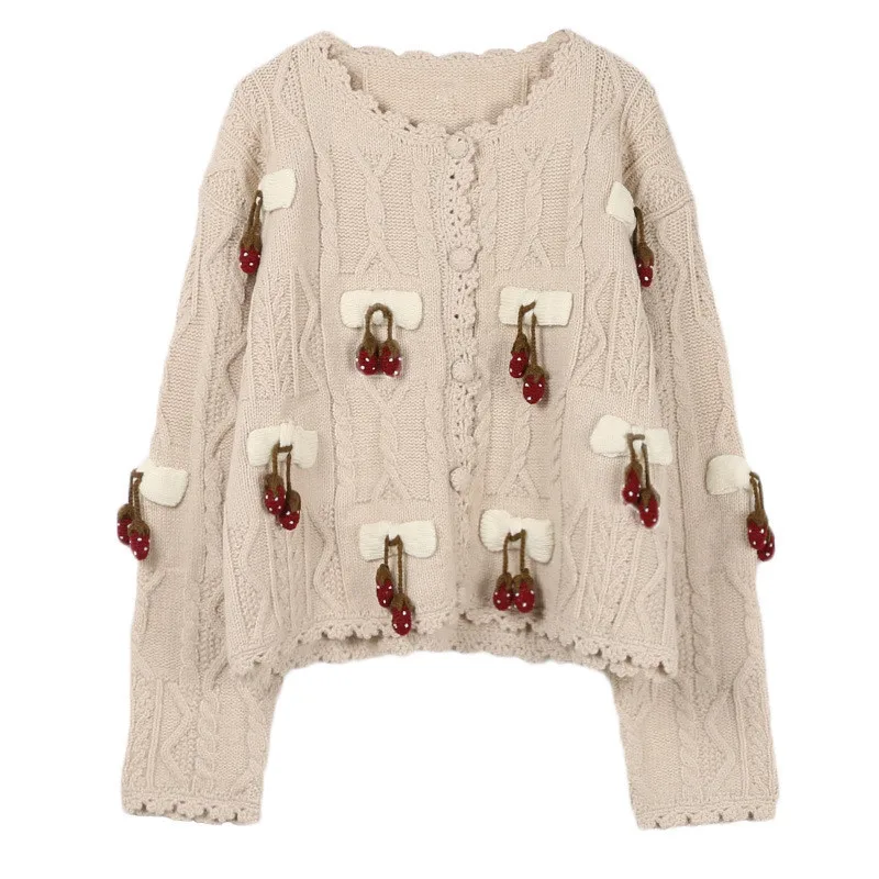 Best Price Women Fashion Crochet Strawberry Tassel Sweaters Hand-made Knitted Cardigans Top Elegant Retro Hook Pompom Cute Sweaters Jumpers