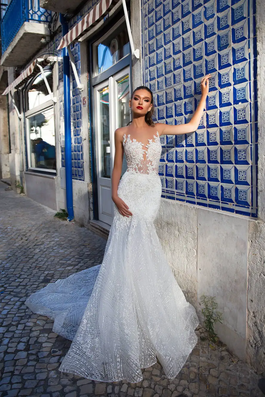 Vivian's Bridal Новое роскошное свадебное платье Русалка сексуальное иллюзионное кружевное платье с круглым вырезом и аппликацией, расшитое блестками и бисером, свадебное платье из органзы - Цвет: as pictire