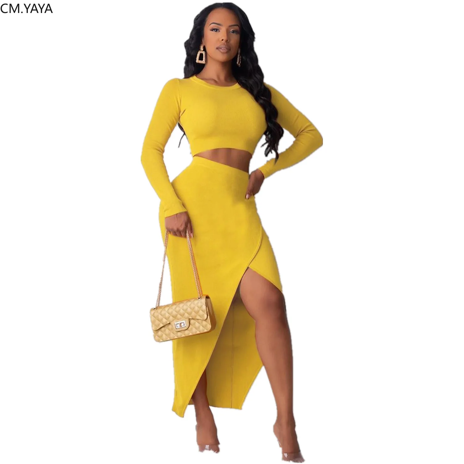 

Autumn Women's set o-neck short sleeve long sleeve tee top side split midi skirt suit sexy party club night two piece set GL5087