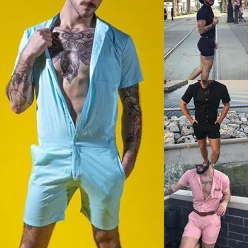 

Men Rompers Short Sleeve Street One Piece Sexy Slim Fit Romper Beach Casual Cotton Summer Jumpsuit Overalls Playsuits Shorts Set