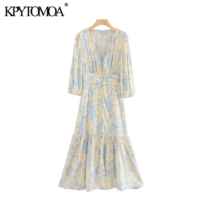 KPYTOMOA Women 2020 Elegant Fashion Floral Print Ruffled Midi Dress Vintage V NecK Three Quarter Sleeve Female Dresses Vestidos