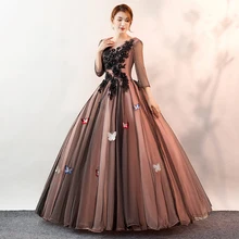 Бальное платье, вечерние платья, длинные, с 3/4 рукавами, черное, розовое, кружевное, с бабочкой, торжественное платье, vestido de festa