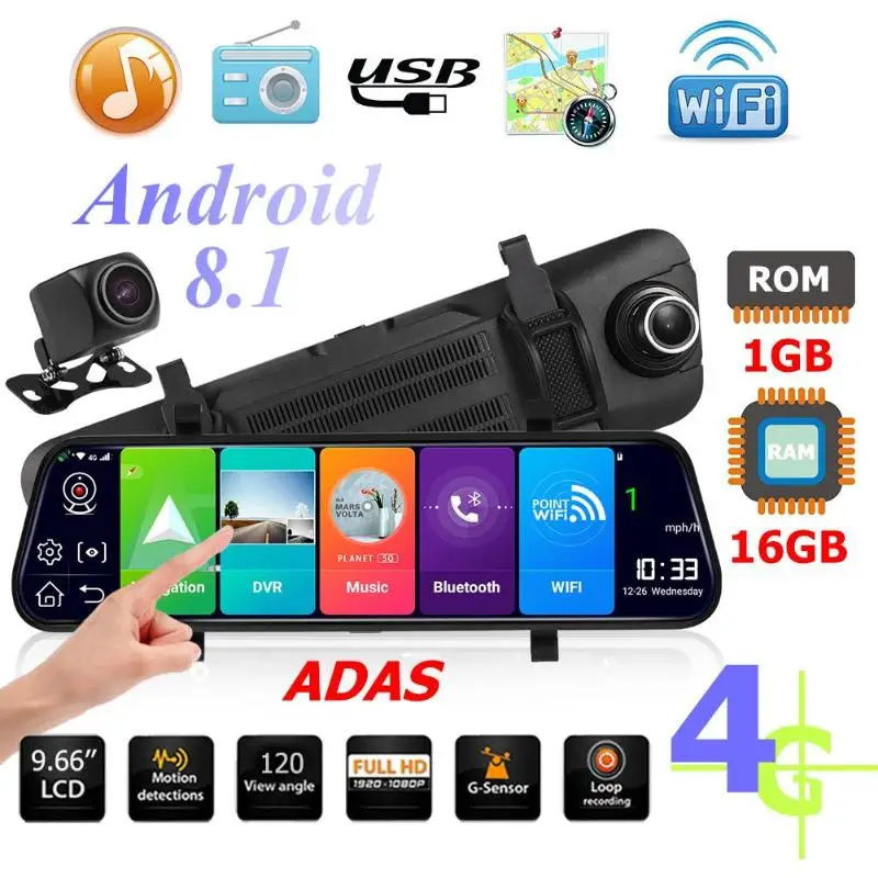 9,66 дюймов Автомобильное зеркало заднего вида DVR камера wifi 4G Android 8,1 DVRs камера gps навигатор ADAS g-сенсор ночное видение видеорегистратор