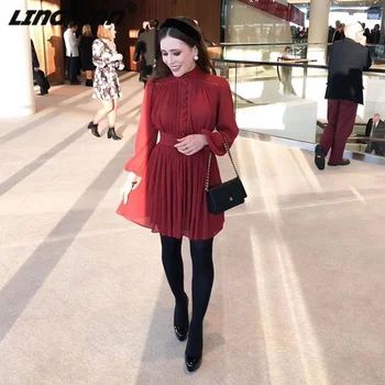 

LINGHAN Designer Autumn New Pleated Dot Mini Dress Women's Elegant red Stand party Dresses Female