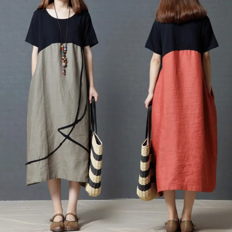 

Summer Wear New Style 2019 Korean-style Loose And Plus-sized WOMEN'S Dress-Style Cotton Linen Contrast Color Crew Neck Dress