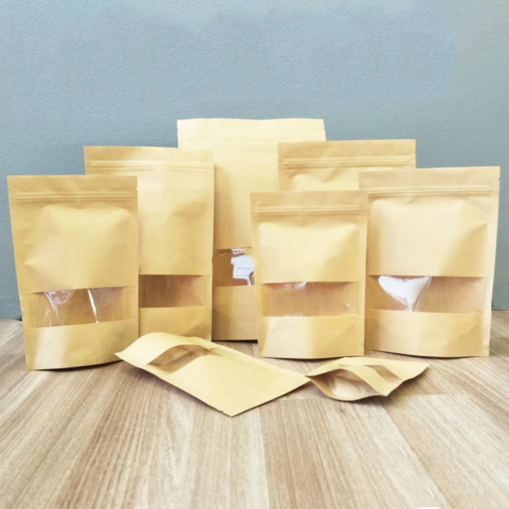 Самозапечатанный пакет-посылка 50 шт с окошком Ziplock крафт-бумажный мешок для орехов, карман для пищевых продуктов, прочный мешок для конфет