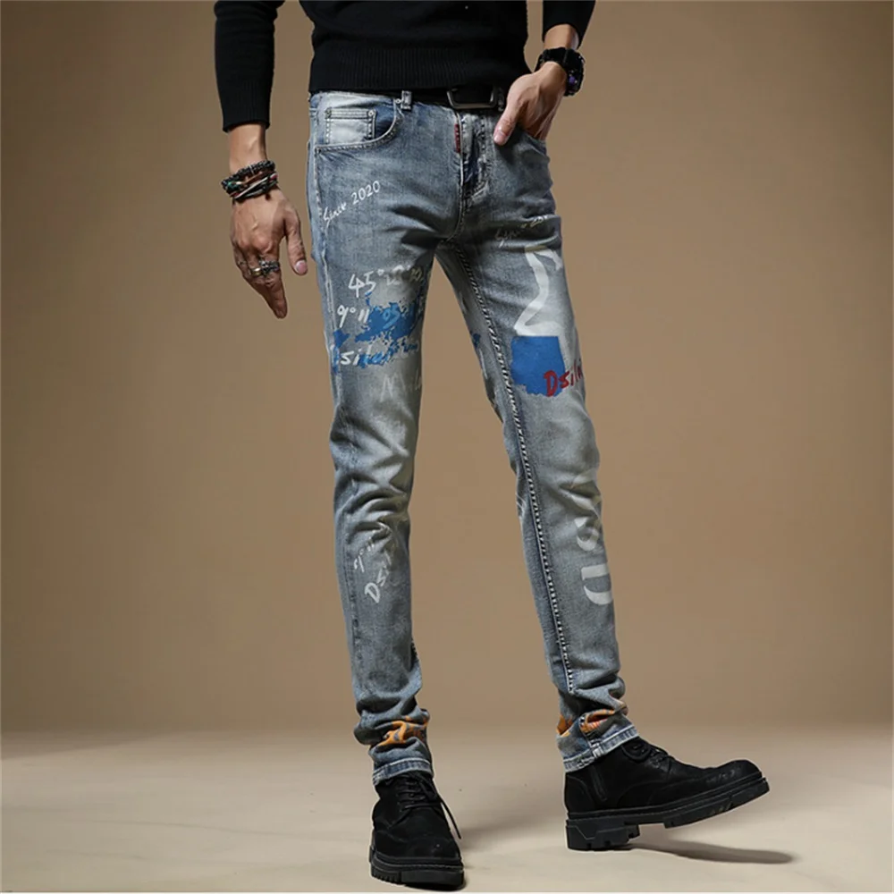 EH·MD® Hole Ripped Jeans Men's Season Five-Pointed Star Embroidery Splashed Ink Soft Casual Slim Cotton Elastic Pants Scratched
