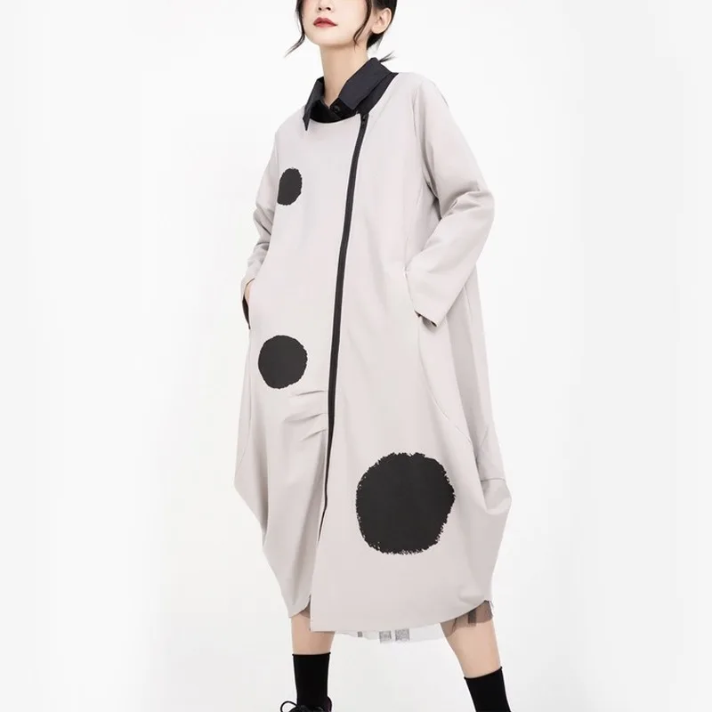 

OMIKRON Vintage Casual Long Sleeve Pleated Midi Dress New Autumn Loose Dot Print Irregular Hem Cardigan Dress Plus Size Vestidos