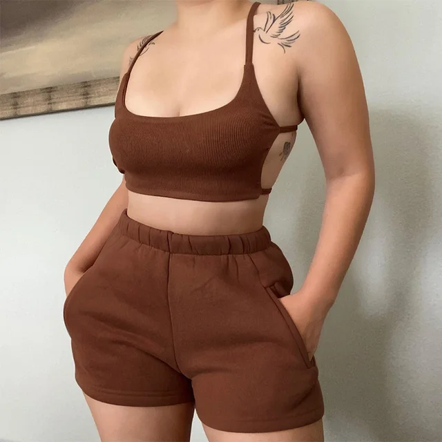 2021 Solid Sportswear Two Piece Sets Women's Summer Sexy Athleisure Outfits Crop Top New Casual Drawstring Shorts Matching Set 2