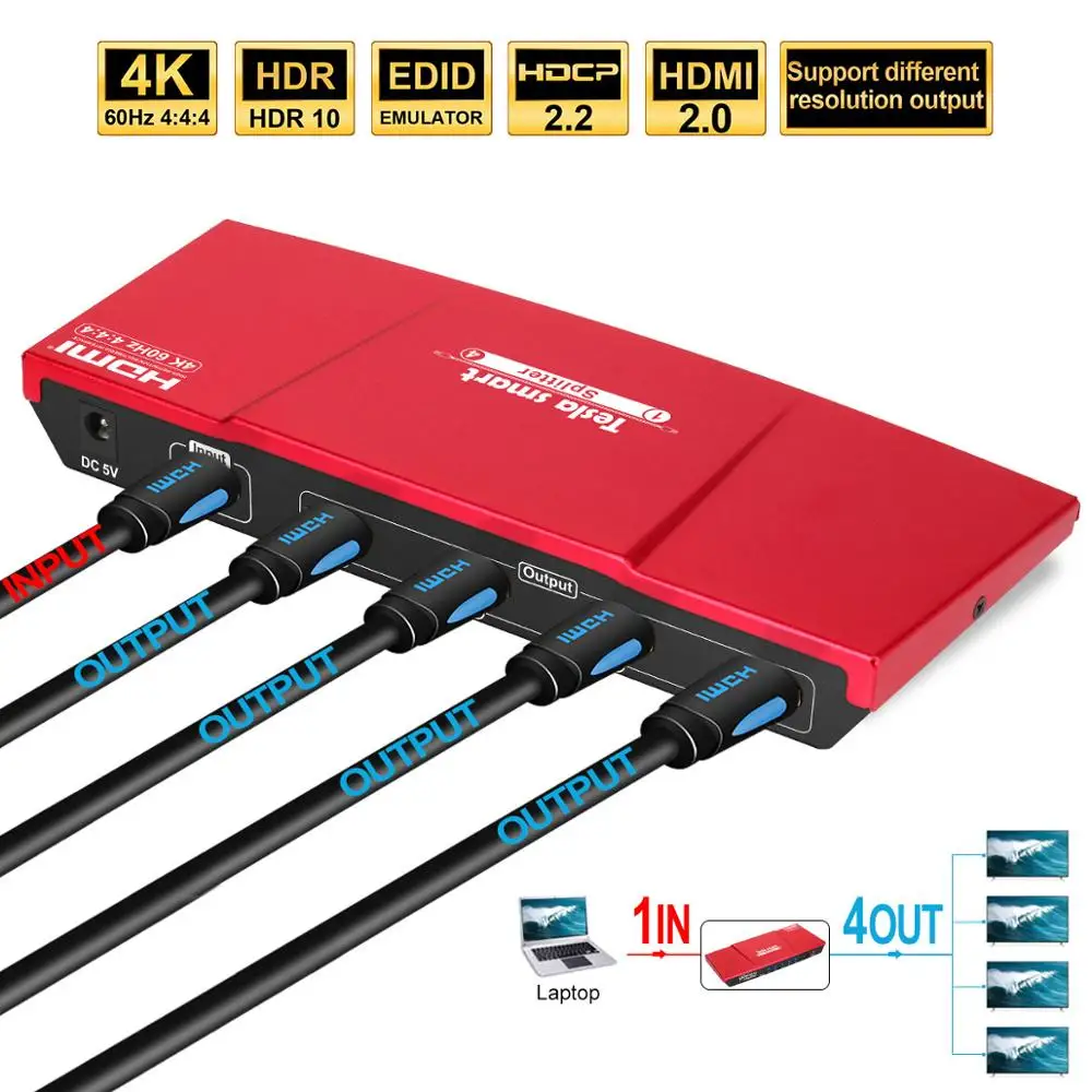  4K HD HDMI Splitter 1x4 4 Port Splitter HDMI 1x4 HDMI2.0 Up to 4K@60Hz HDCP2.2 3D HDR10 HDTV DVD PS