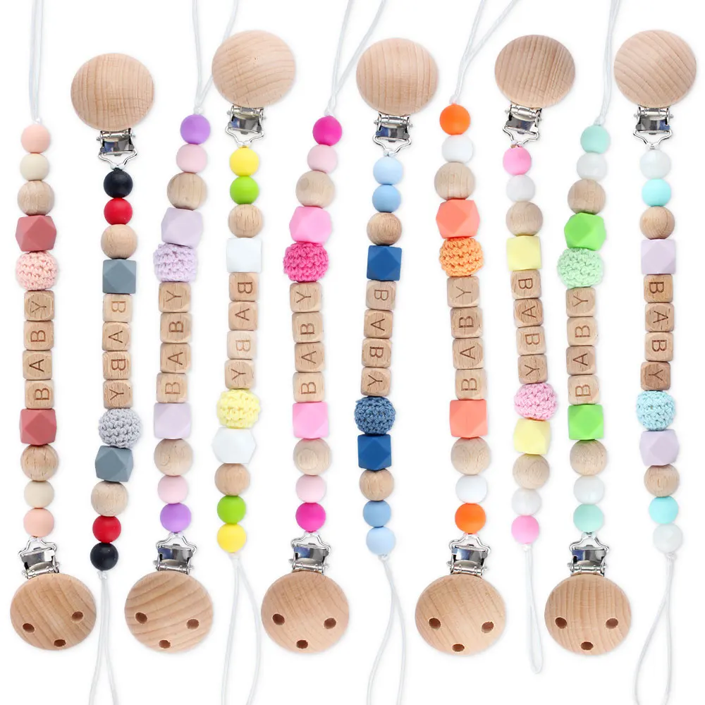 

Baby Pacifier Clips Silicone Beads Wooden Teething Chain Infant Nipple Clamp Dummy Holder Nipple Clip Newborns Chew Accessories