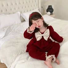 Ensemble pyjama en flanelle pour filles, vêtements de nuit épais et chauds, à gros nœud, à la mode, automne hiver