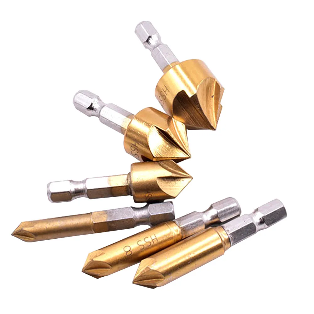 

6pcs Woodworking Hand Tools 5 Flute Cutter HSS 90 Degree 6-19mm Drill Bit Set Hole Counter Sink Hex Shank Chamfer High Hardness