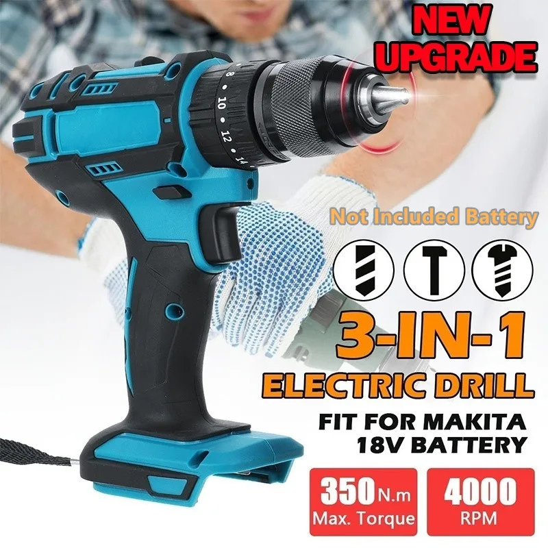 Perforadora de impacto inalámbrica 3 en 1, destornillador eléctrico recargable de 2 velocidades, 18V, batería de ion de litio para batería de 18V Makita