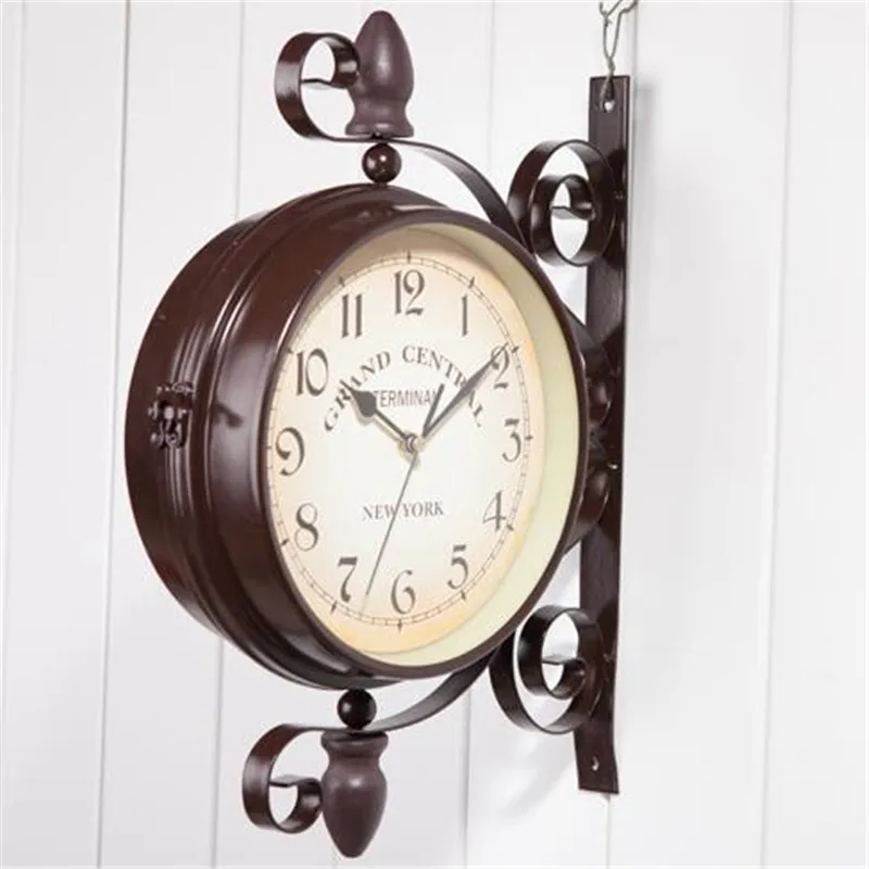 Классические настенные часы в европейском стиле креативные модные двухсторонние Подвесные часы железная стойка украшения Кофейни
