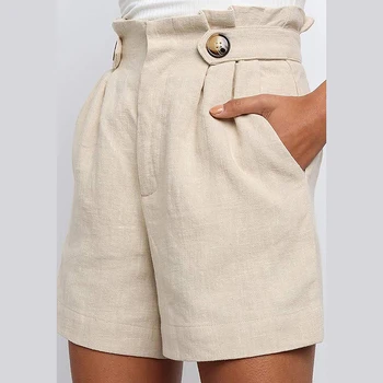 

High Waist Cotton Linen Shorts Women Fashion Button Decor Shorts Casual Loose Wide Leg Shorts New Women's Shorts Femme