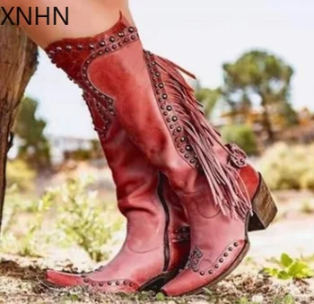 

2020 Fashion Women Knee High Boots Bandage Gladiator Shoes Rivet Tassel Thigh High Combat Low Heel Shoes Women Boots