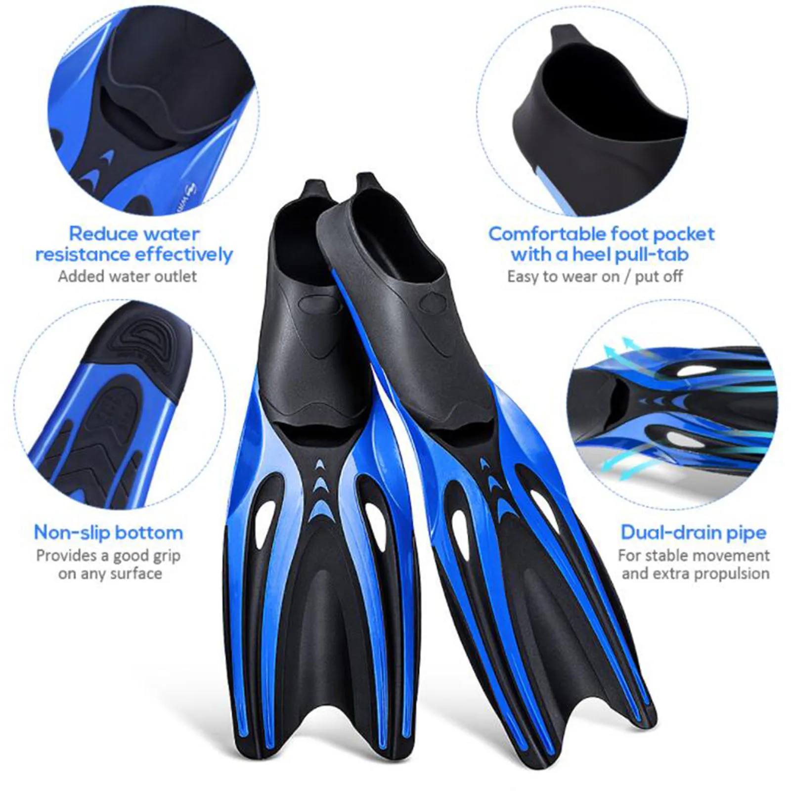 Adult Kids Adjustable Swim Flippers Fins Swimming Diving Fins Blue Medium 