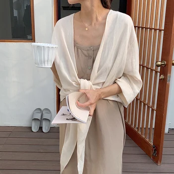 

Korean Style Two Piece Set Women Dress Summer Sun Protection Tops and Spaghetti Strap Backless Long Dress Casual 2 Piece Set