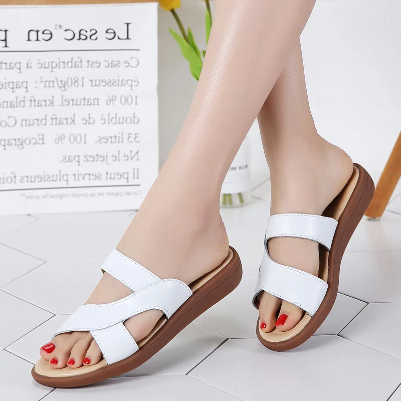 

New Style Summer Genuine Leather Casual Women's Slippers Simple Anti-slip Wear-Resistant Students Korean-style Beach Large Size