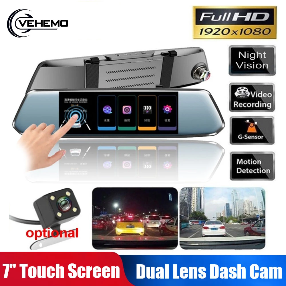 

7" Car Dash Camera DVR Rearview Mirror Navigation With Cam HD 1080P Smart Mirror Dual Lens Touch Screen Vedio Recorder DashCam