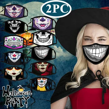 

2pc Face Mask Halloween Adulto Unisex Mascarillas Reutilizables Fashion Skull Printed Masks Washable Adjustable Windproof Masque