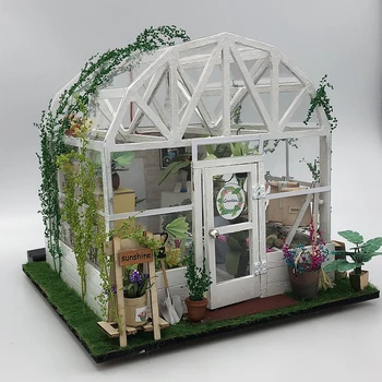 

DIY Puzzle Tops Romantic Dollhouse Wooden Miniature Furniture Kit Light Sweet Green House With Led for Child Birthday Gifts