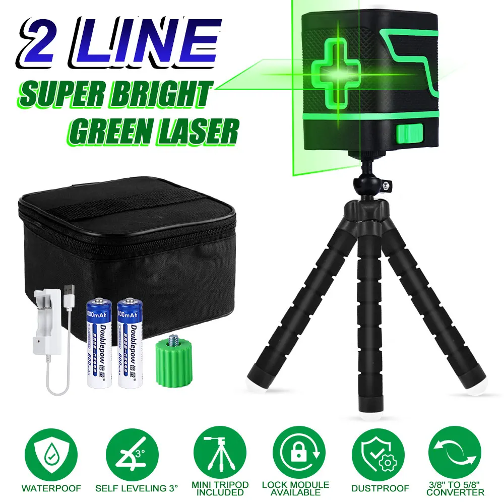 2 Lines Mini Green Laser Level Vertical &amp Horizontal Cross Line Super Powerful Beam Lithium Battery Any Angle Binding | Инструменты