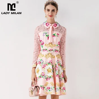 

Women's Runway Dresses Turn Down Collar Long Sleeves Lace Patchwork Sashes Fashion Casual Dress