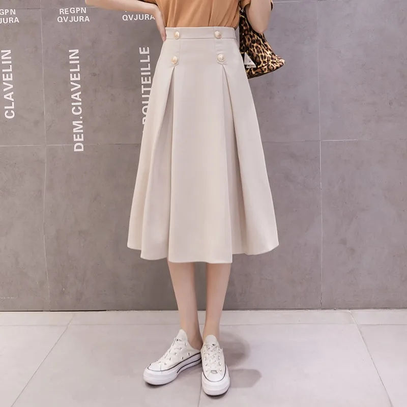 

New Summer Chiffon Skirt for Women Fashion High Waisted A-Line Midi Skirts Double Breasted Work Office Faldas Mujer