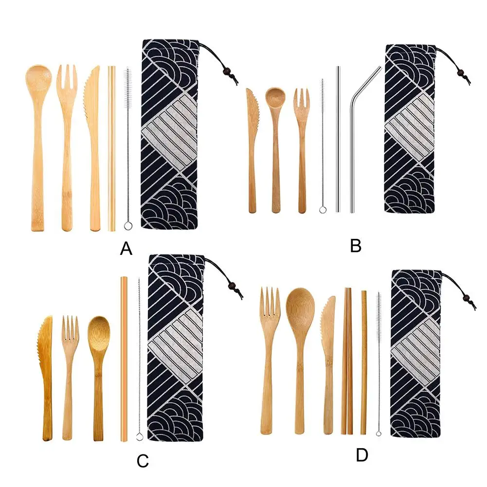 

Cutlery Set Bamboo Dinnerware Set Tableware Straw Cutlery Set With Cloth Bag Kitchen Cooking Tools Fork Spoon Knife Set