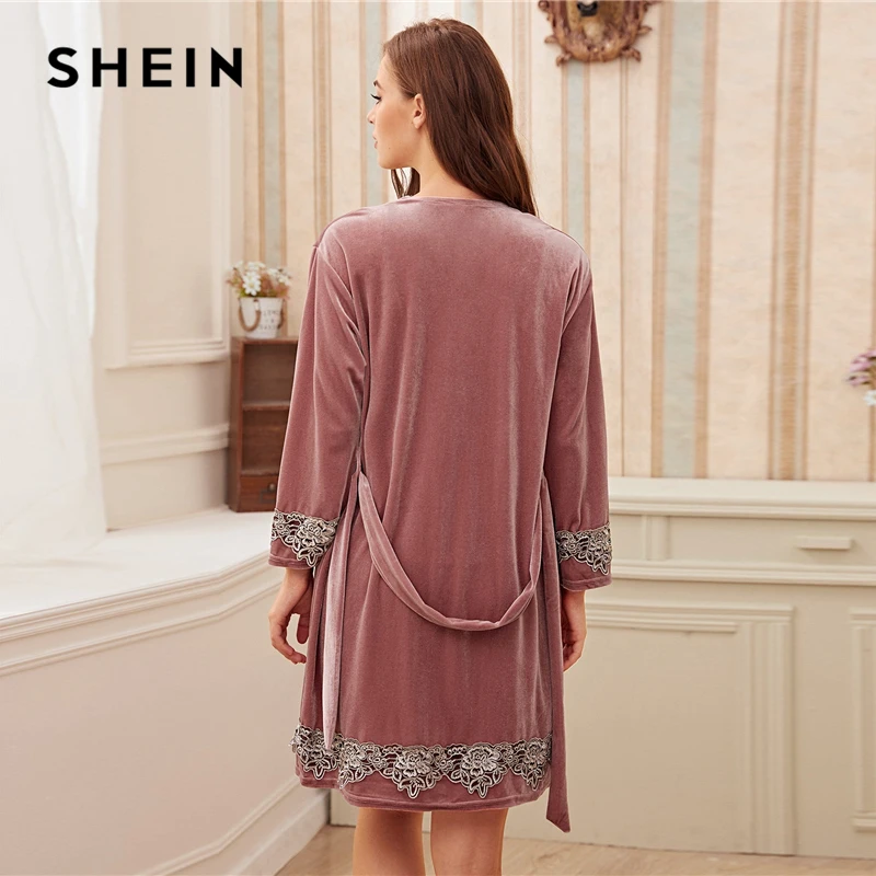 SHEIN однотонная контрастная кружевная бархатная Ночная рубашка на бретельках с пижамным комплектом и поясом халат, женская одежда для сна Весенняя эластичная Повседневная Ночная рубашка