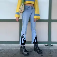 Осенняя женская уличная одежда с принтом пламени повседневные джинсы