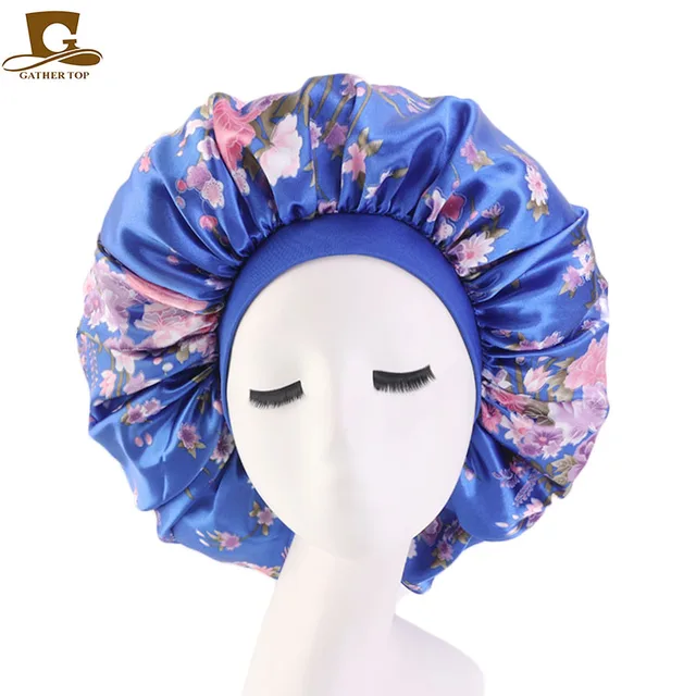 New Women Big Size Beauty print Satin Silky Bonnet Sleep Night Cap Head Cover Bonnet Hat for For Curly Springy Hair Black Royal Blue