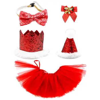 

5Pcs Christmas Dog Hat Bowtie Short Skirt Headwear Set Puppy Party Xmas Costume