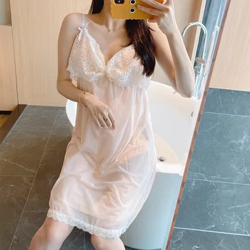 

Lace Patchwork Cotton 2020 Summer New Nightgown Sexy V-Neck Backless Nightdress Intimate Lingerie Loose Mini Sleepwear S-XL