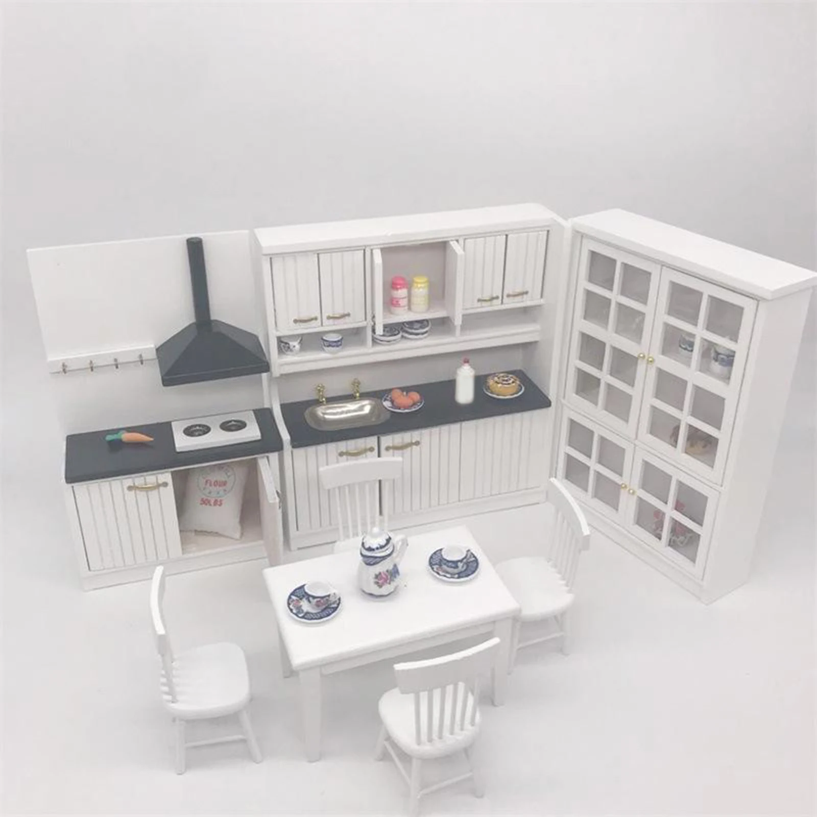 1:12 Dollhouse Miniature Furniture Wooden Kitchen Cabinet Dining Table Dollhouse Chair Kits Handcraft DIY Gifts
