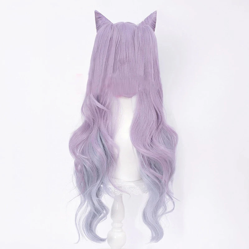 Keqing Genshin Impact Cosplay parrucca con orecchie sfumate viola lunghi ricci coda di cavallo 
