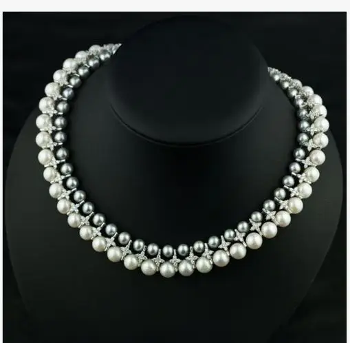 

double trands 9-10mm south sea round white grey pearl necklace 17"18