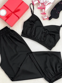 

Suphis Solid V-Neck Sleeveless Sexy Sleepwear Elastic High Waist Two Piece Set Top And Pants Women Pajamas Satin Set Lounge Wear