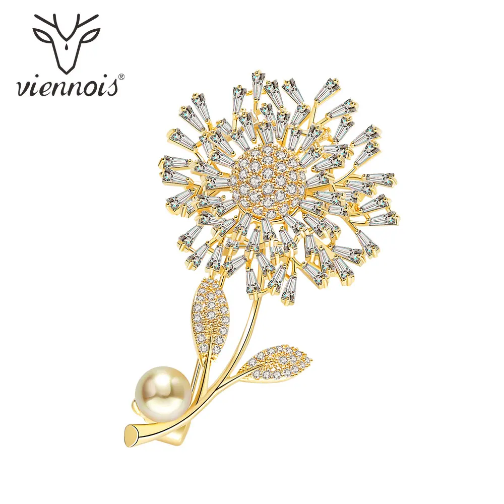 

Viennois Daisy Flower Brooch Pin Fashion Jewelry Gold Color Rhinestone Pearl For Women 2019