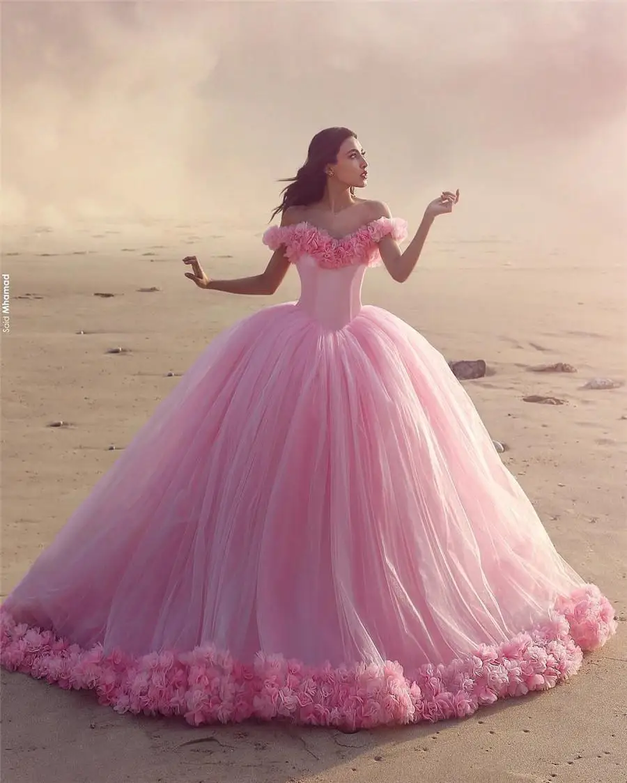 

Hot Pink Cloud 3D Flower Rose Dresses Long Tulle Puffy Ruffle Robe De Mariage Bridal Gown Said Mhamad Wedding