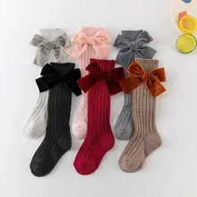 New Winter Children's Socks Thick Knitting Knee Hight Socks For Girls Warm Cotton Sock With Bows Baby Socken Princess Style