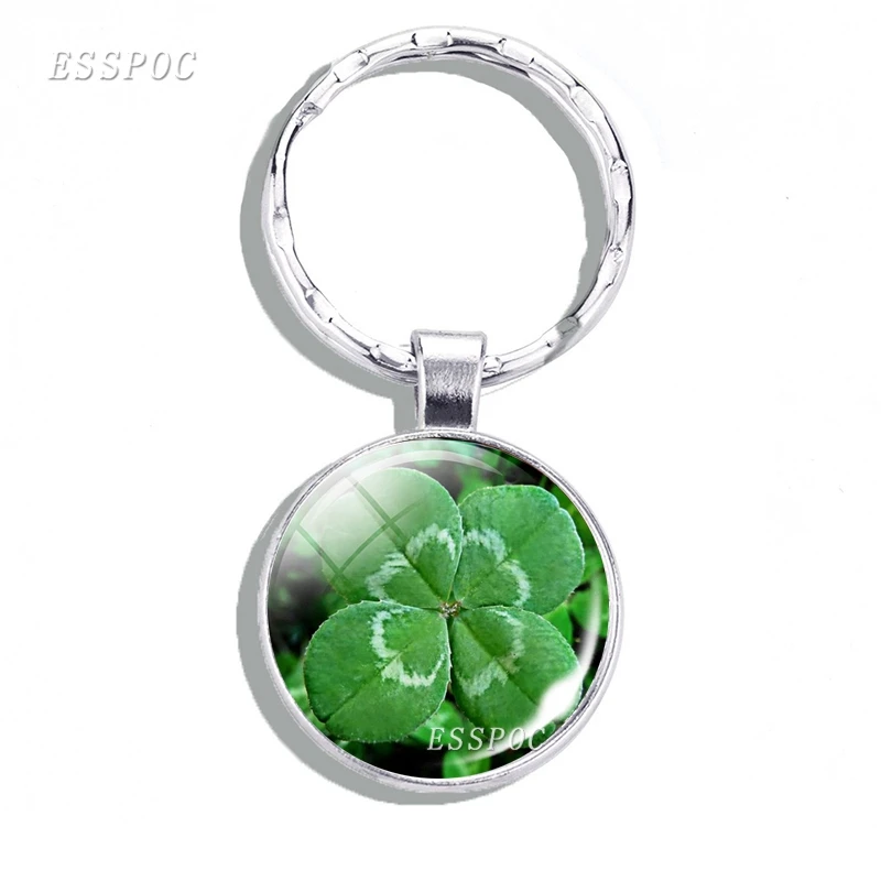 

St. Patrick's Day Lucky Four Leaf Clover Keychain Glass Cabochon Metal Keychain Keyring Green Shamrock Charm Gift