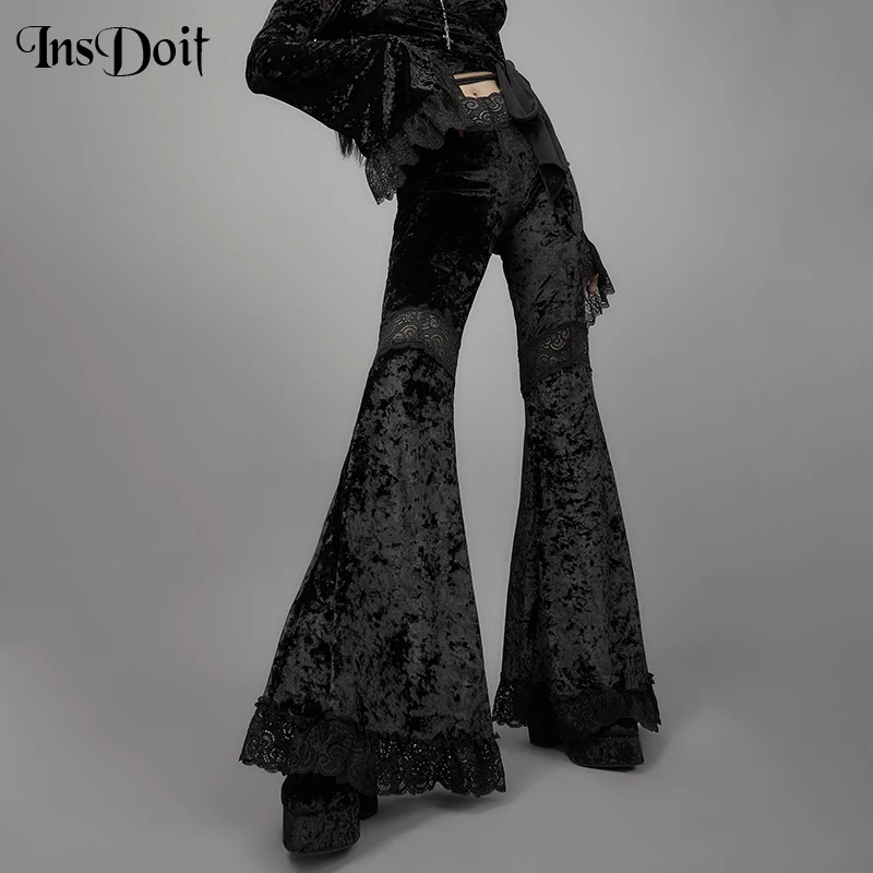 InsDoit-Pantalones góticos de terciopelo negro para mujer, pantalones holgados de encaje gótico, ropa de calle Harajuku Sexy de cintura alta