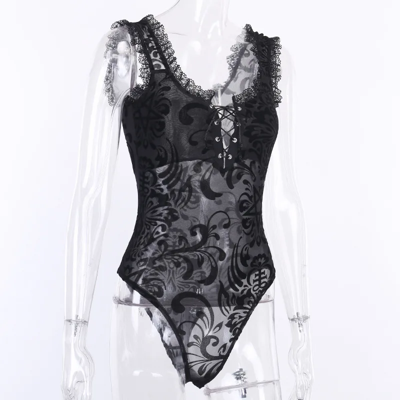 red lace bodysuit Shestyle Sleeveless Lace Tie Up V Neck Bodysuits Women Black Gothic Style See Through Tank Punk Mesh Tops Body Suit Chic Spring pink bodysuit